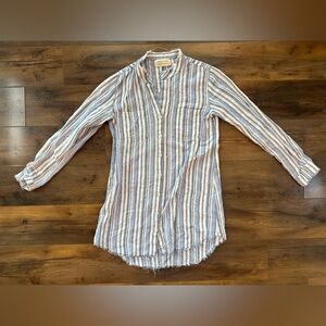 Cloth & Stone Anthropologie Blue Stripe Linen Blend Button Down Raw Hem XS